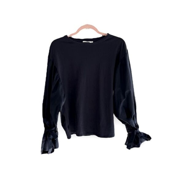MANGO | 100% Cotton Black Lantern Tie Sleeve Top (S) - Picture 1 of 5